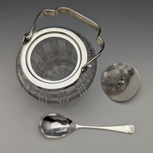 英國古董切割玻璃果醬罐銀盤蓋帶勺子